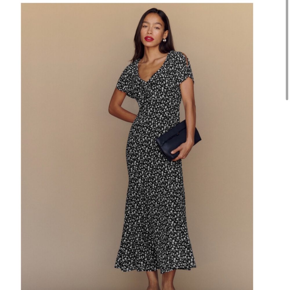 REFORMATION Talleen Floral Ruffle Black White Maxi Dress Size 4
